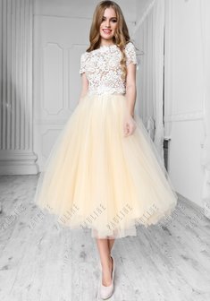 Вечернее платье АУРА макраме топ и ЛИЛИ юбка м-Ж62354. А-силуэт, короткое без шлейфа.